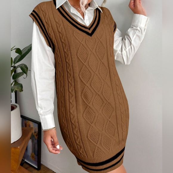 Striped Trim Cable Knit Sweater Dress Without Shirt